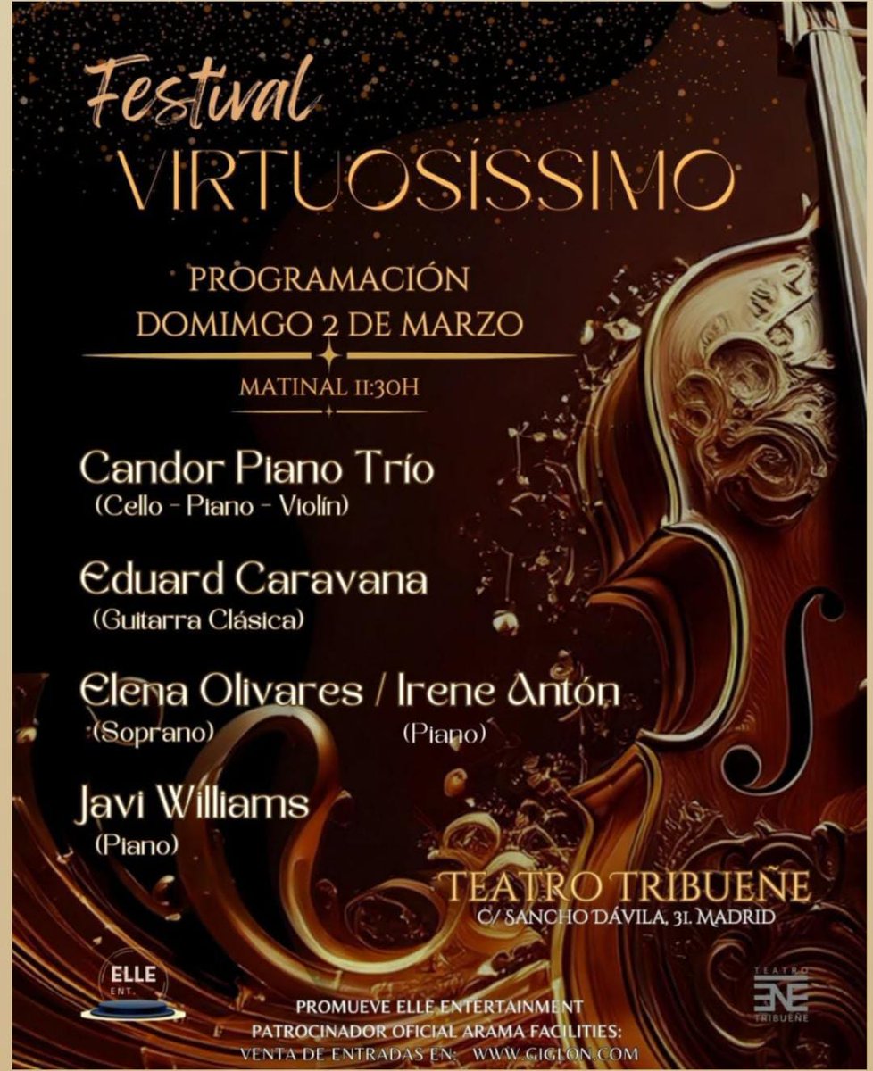 JaviWilliams7's tweet image. 🎹 Este año participo en el Festival Virtuosissimo en Madrid, tocando mi repertorio propio. ¡No os lo perdáis!
🎟️ Entradas con código de descuento: WILLIAMS2.
Link aquí 👇 #Virtuosissimo #MúsicaEnDirecto #Madrid

giglon.com/todos?idEvent=…