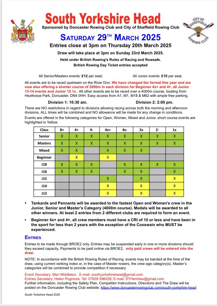 Just a reminder that entries are open for The South Yorkshire Head 29th March, thank you to those that have already entered. 
New 2km course for beginner crews and younger juniors, added to our usual 4km. 
#Rowing #Doncaster