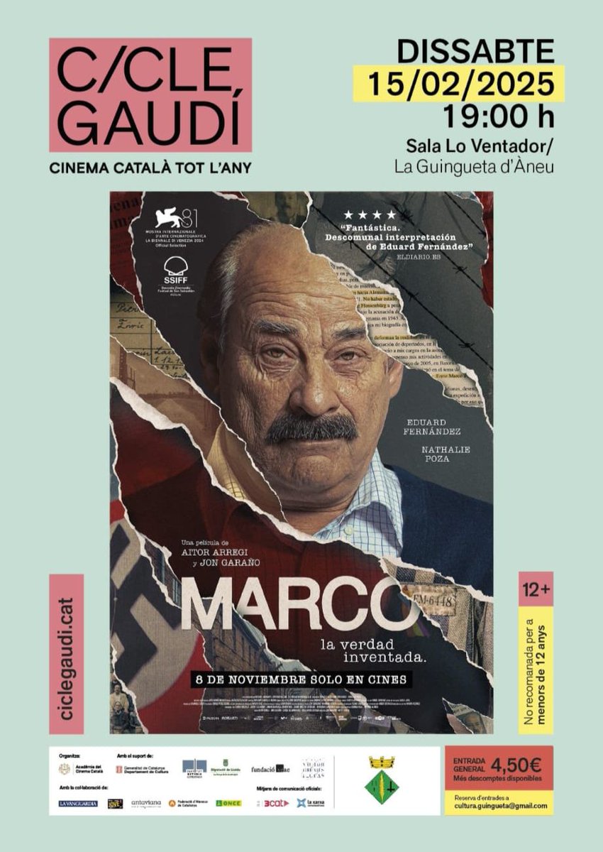 <a href="/CicleGaudi/">Cicle Gaudí – Cinema Català</a>  a la Guingueta d'Àneu
15 de febrer - 19:00h
Sala lo Ventador
Reserva prèvia: cultura.guingueta@gmail.com
Preu 4,50€

<a href="/Vallsdaneu/">Turisme Valls d'Àneu</a> <a href="/visitpallars/">Turisme Pallars Sobirà</a> <a href="/ConsellAneu/">Consell Cultural de les Valls d’Àneu</a>