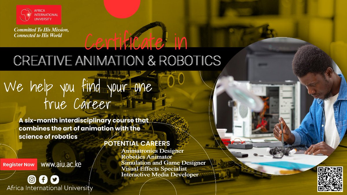 Blend Art &amp; Tech <a href="/AIU_uni/">Africa International University</a> !
Join our 6-month Creative Animation &amp; Robotics course &amp; launch your career as a:
✅ Animatronics Designer
✅ Robotics Animator
✅ Game &amp; Simulation Designer
✅ VFX Specialist

Register now: aiu.ac.ke