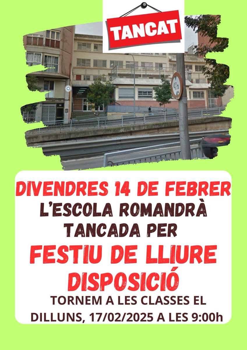 Benvolgudes famílies. Us recordem que aquests divendres 14 de febrer és festiu de lliure disposició. Per tant l'escola romandrà tancada. Gaudiu d'aquest dies festius i ens retrobem dilluns 17 de febrer a les 9h.