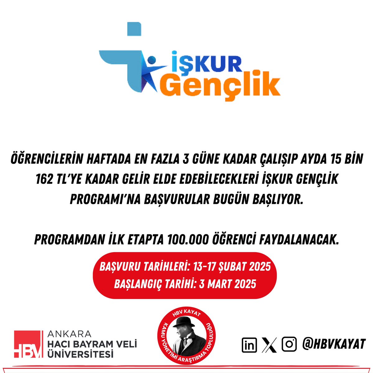 İşkur Gençlik Programı kapsamında öğrenciler artık hem okuyup hem çalışabilecek.
  
Öğrencilerin haftada en fazla 3 gün çalışarak 15.162 TL’ye kadar gelir elde edebilecekleri programın başvuruları bugün başladı!

Başvurular İŞKUR’un resmi sayfası üzerinden yapılacak.