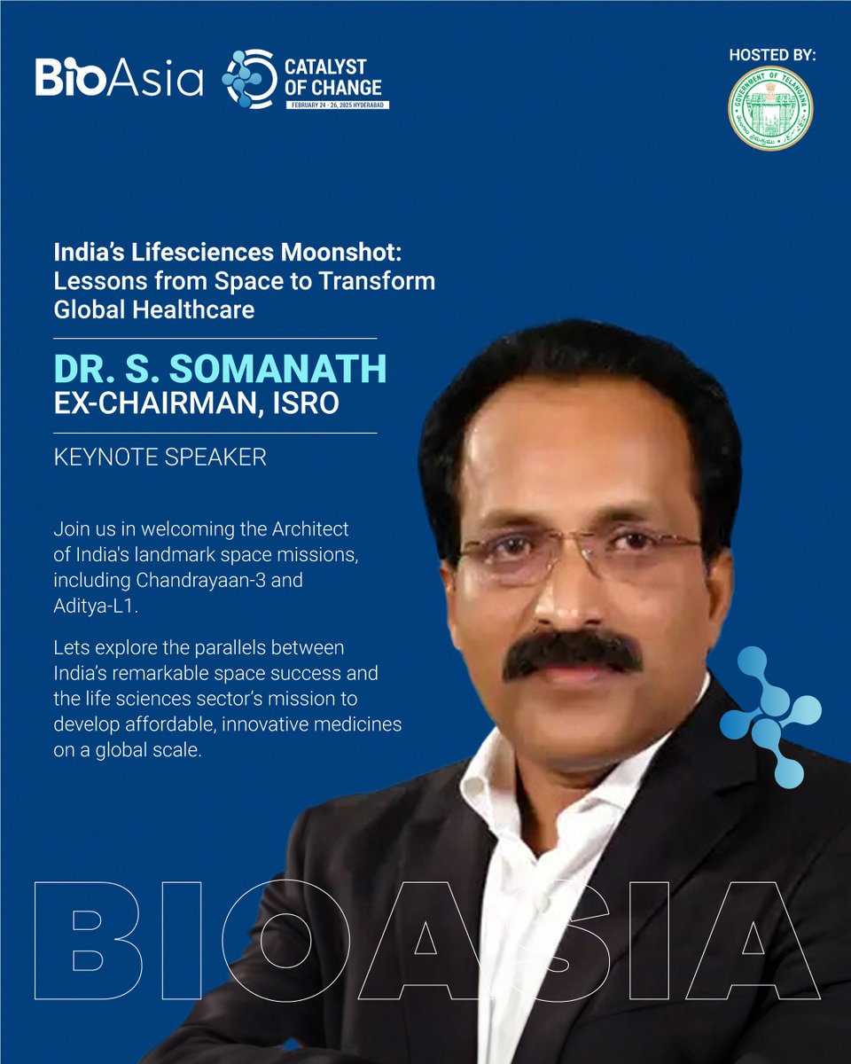 We are honoured to welcome Dr. S. Somanath, Ex-Chairman of ISRO, as the Keynote Speaker at #BioAsia2025! As the visionary leader behind India’s landmark space missions like Chandrayaan-3 and Aditya-L1, Dr. Somanath has been pivotal in advancing India’s space capabilities. Join us