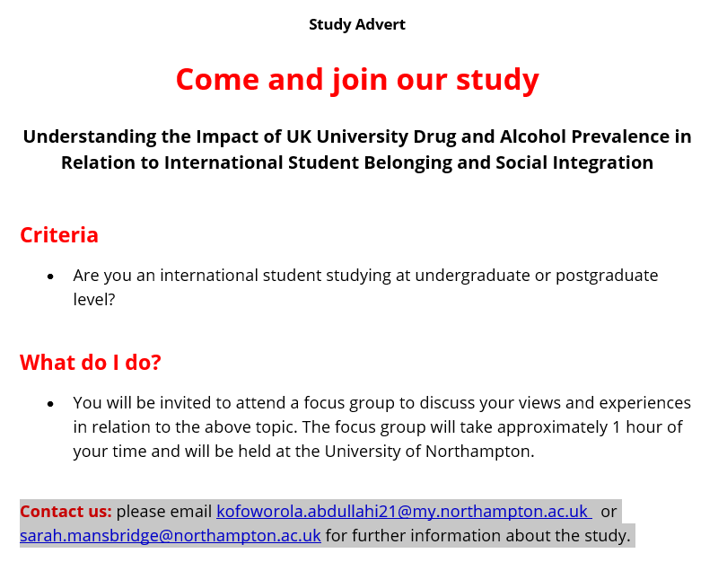 PSYCHOLOGY at University of Northampton (@uonpsyched) on Twitter photo 🌍📚 International students, we need you! Join our study on drug & alcohol use at UK universities and its impact on belonging.
For more info, email: kofoworola.abdullahi21@my.northampton.ac.uk or sarah.mansbridge@northampton.ac.uk. 🌍📚 International students, we need you! Join our study on drug & alcohol use at UK universities and its impact on belonging.
For more info, email: kofoworola.abdullahi21@my.northampton.ac.uk or sarah.mansbridge@northampton.ac.uk.