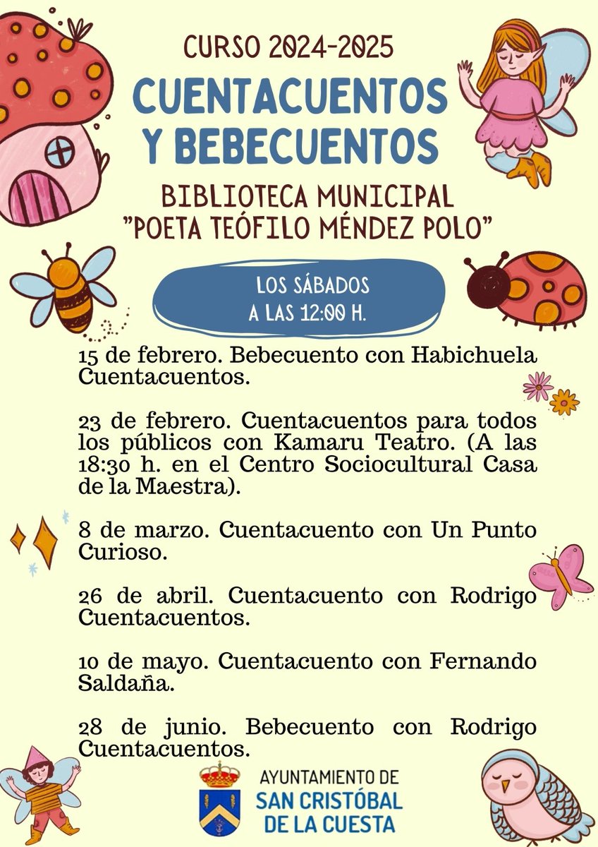 Cuentacuentos y Bebecuentos 2024 - 2025

INSCRIPCIÓN BEBECUENTOS 15 DE FEBRERO
forms.gle/yFoRThvZRek4Uf…

#AnimaciónALaLectura
#AyuntamientoSanCristóbalDeLaCuesta
#CuentacuentosYBebecuentos
#BibliotecaMunicipalPoetaTeófiloMéndezPolo
#SancrisCultural
#SancrisSiempre