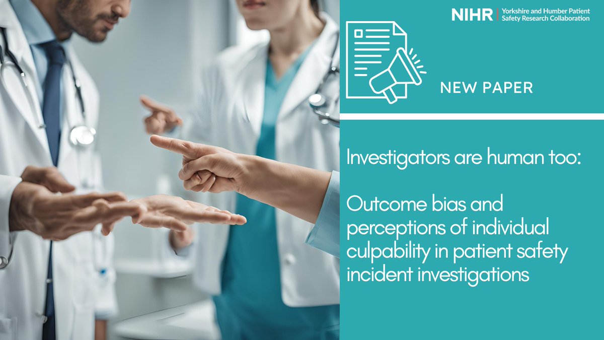 NIHR Yorkshire and Humber PSRC (@yhpsrc) on Twitter photo NEW PAPER in <a href="/BMJ_Qual_Saf/">BMJ Quality & Safety</a>
Outcome bias impacts judgements following incidents and investigations and may contribute to the continued focus on individual culpability and individual focused recommendations.
Read our study here: 👇qualitysafety.bmj.com/content/early/… NEW PAPER in <a href="/BMJ_Qual_Saf/">BMJ Quality & Safety</a>
Outcome bias impacts judgements following incidents and investigations and may contribute to the continued focus on individual culpability and individual focused recommendations.
Read our study here: 👇qualitysafety.bmj.com/content/early/…