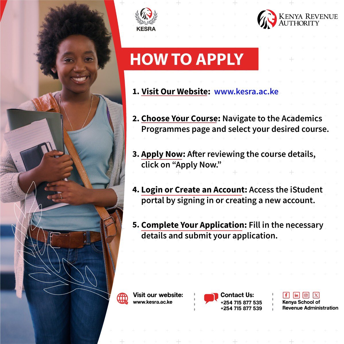 Applying for the May 2025 intake? We’ve got you covered! 

Follow our step-by-step application guidelines to ensure a smooth and hassle-free process. 

Don’t miss this opportunity—apply today! 

#KaribuKESRA
#May2025Intake