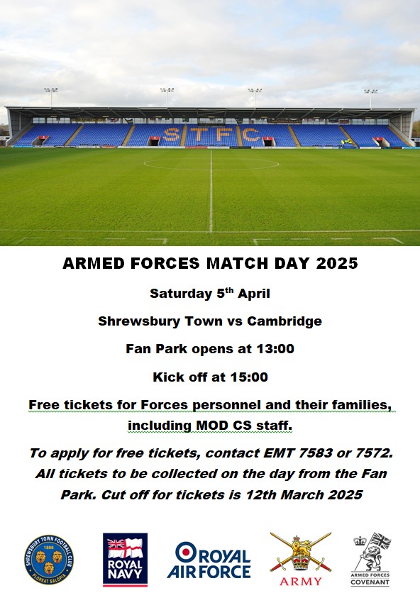Armed Forces Match Day – Sat 5 April. Free tickets for all RAF Shawbury personnel. Apply to the Engagement and Media team on Ext 7583 / 7572.