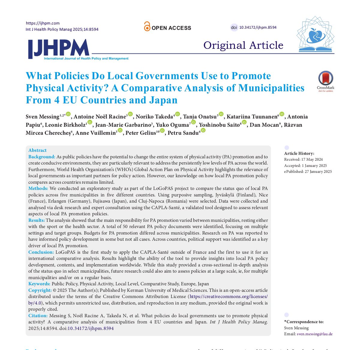 ❗ New publication 
"What Policies Do Local Governments Use to Promote Physical Activity? A Comparative Analysis of Municipalities From 4 EU Countries and Japan"
Read the full article here: ijhpm.com/article_4689.h…
#healthpolicy #physicalactivity