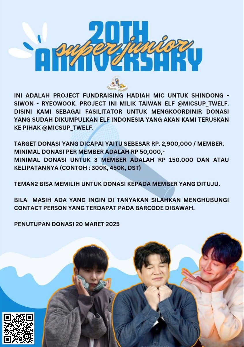 wonniemallow's tweet photo. 🎤 CUSTOM MIC PROJECT FOR SIWON, SHINDONG, AND RYEOWOOK 🎤

Halo ELFs/Siwonests/Shinsfriends/Ryeoksunis Indonesia

Sehubungan dengan custom mic project dari ELF Taiwan (micsup_twelf) untuk SIWON, SHINDONG, dan RYEOWOOK, kalian bisa ikut berpartisipasi yang akan dibantu oleh teman-teman ELF indonesia. Donasinya bisa milih member (SIWON/SHINDONG/RYEOWOOK) atau ketiganya dan kalian bisa nulis pesan yang nanti akan dibantu tim untuk diberikan ke SIWON, SHINDONG, dan RYEOWOOK. 

Min. donasi per member: 50k IDR

Untuk donasinya bisa langsung ke link berikut
🔗https://t.co/camPCY20Co

Kalau ada pertanyaan tentang project dan sistem donasinya bisa langsung dm @lmtedvelfdition
dan @super_girl2424 atau bisa menghubungi CP lain yang ada di sini 🔗https://t.co/camPCY20Co

Yuk, buat yang mau join 🤗

#SIWON #SHINDONG #RYEOWOOK #SUPERJUNIOR