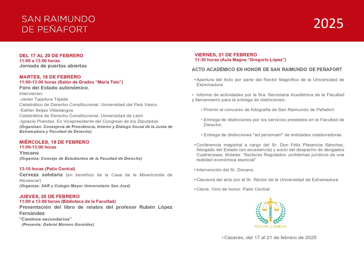 Programación de la semana del centro con ocasión de nuestro patrón, San Raimundo de Peñafort. 

Está invitada toda la comunidad universitaria: