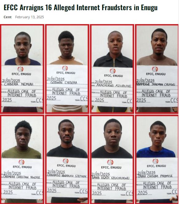 infomme's tweet photo. EFCC arraigns 16 suspected internet fraudsters in Enugu, facing charges of fraudulent personation and money laundering. They were arrested in a sting operation in Anambra. 
https://t.co/ASSI4X9a5L

#EFCC #InternetFraud #Fraudsters #MoneyLaundering #Justice #Enugu https://t.co/4ukCmMfQGd