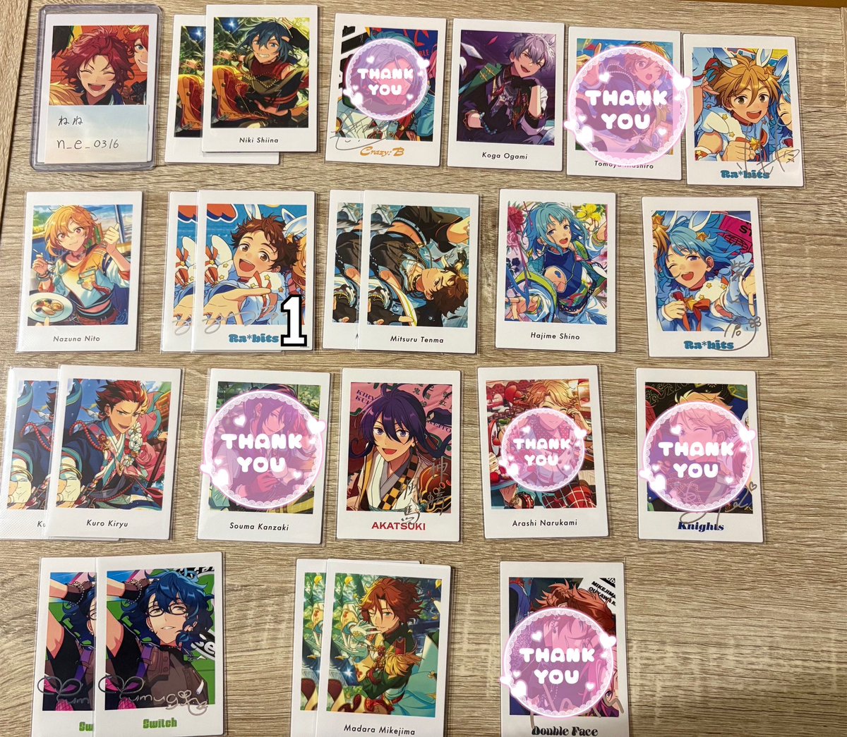 n_e_0316's tweet photo. 交換 譲渡 あんスタ TRIP 9周年 LIMIT BREAK vol.5 action ぱしゃっつ 

譲 スバル 真 渉 弓弦 鉄虎 忍 藍良 ニキ 晃牙 友也 なずな 光 創 紅郎 颯馬 つむぎ 斑 

キャラ含めての交換優先

求 4 真緒 凛月 or 定価➕送付 https://t.co/19VMckaej7
