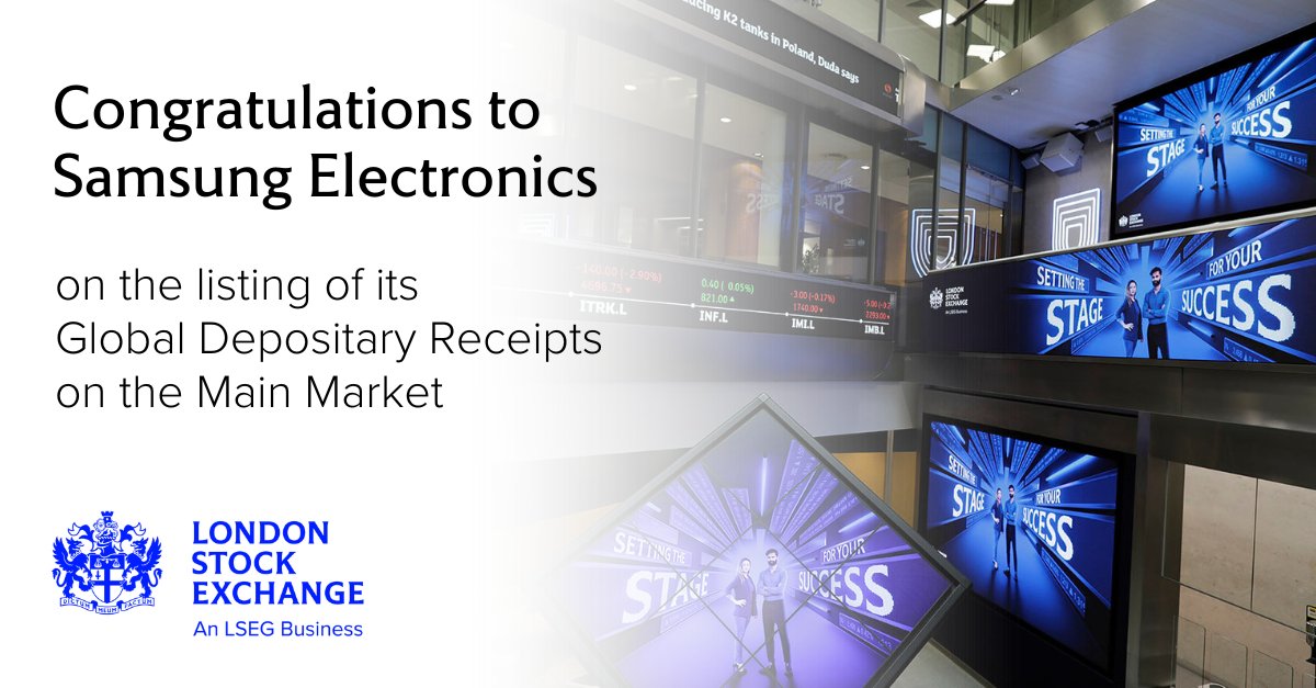 LSEplc's tweet photo. .@Samsung Electronics Co has announced the upcoming listing of its global depositary receipts (GDRs) on the London Stock Exchangeโs Main Market, with the admission expected to take place on February 13, 2025.
Find out more: https://t.co/ZEVly6PSxG
#Samsung #GDRs https://t.co/epMwXv01h0