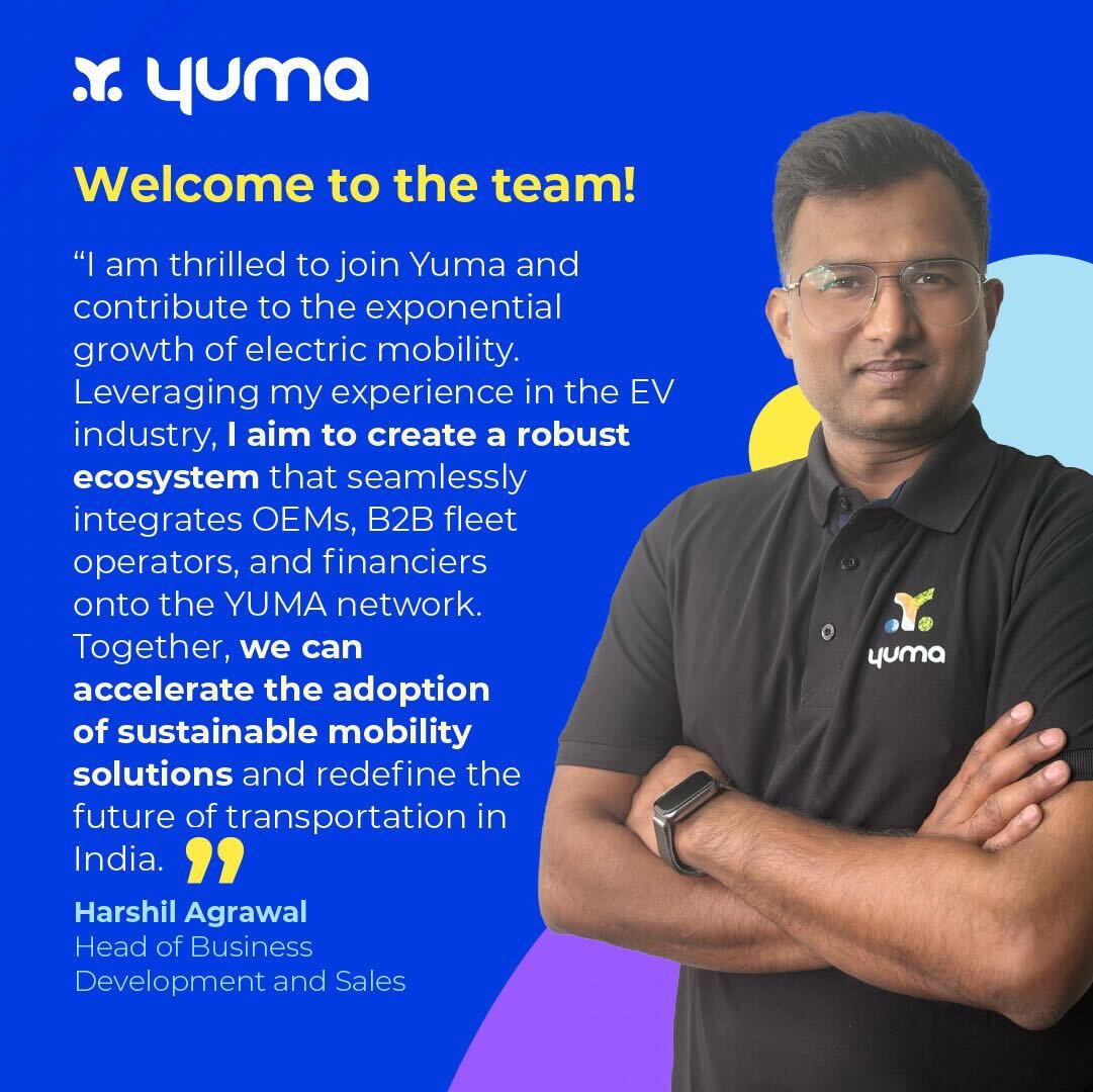 Join us in welcoming Harshil to Yuma as our lead for Business Development and Sales. He will strengthen Yuma’s ecosystem by integrating OEMs, B2B fleet operators and financiers into the Yuma network.

Welcome to the Yuma family, Harshil!

#BatterySwapping