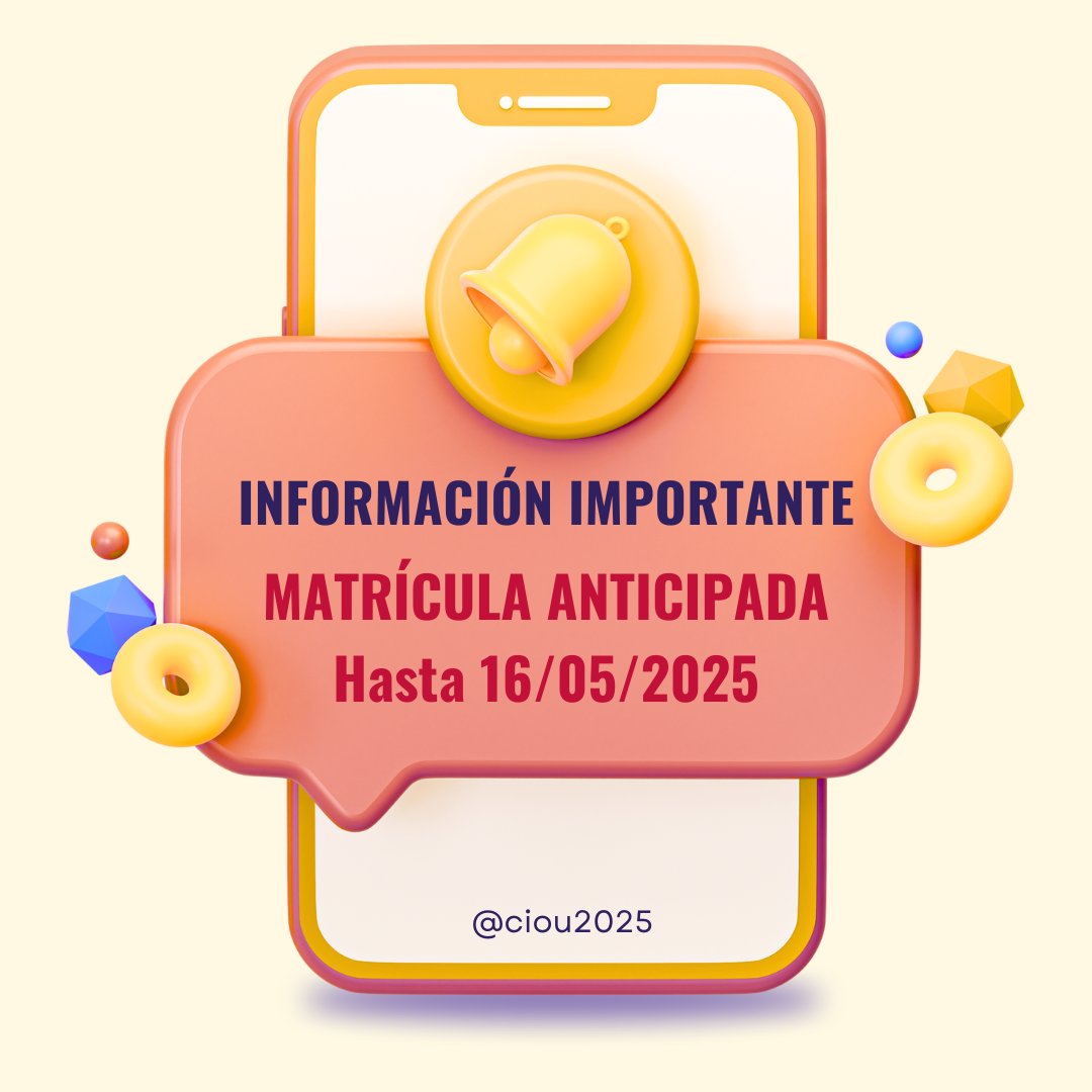 📢✨ ¡Atención, profesionales de la educación y la orientación! 🌍📚

🎉 ¡Las inscripciones para el IV Congreso Internacional de Orientación Educativa ya están ABIERTAS! 🎉 

🔹 Inscripción anticipada hasta el 16 de mayo de 2025 📅 🔹 ciou2025.com