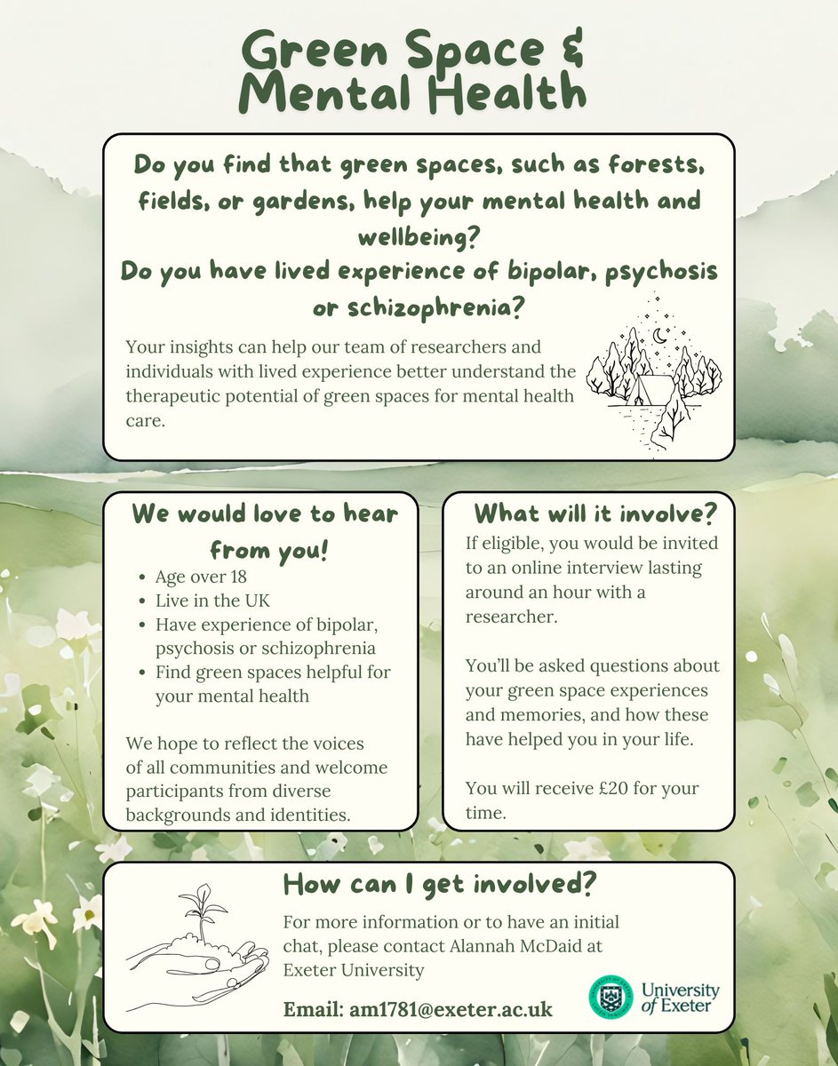 Mood Disorders Centre (@mdcexeter) on Twitter photo Do you have lived experience of bipolar, psychosis or schizophrenia?
This study is seeking participants to explore the effect of green spaces on mental health and wellbeing.
To take part, contact Alannah McDaid @ am1781@exeter.ac.uk
#mentalhealth #greenspaces #Research Do you have lived experience of bipolar, psychosis or schizophrenia?
This study is seeking participants to explore the effect of green spaces on mental health and wellbeing.
To take part, contact Alannah McDaid @ am1781@exeter.ac.uk
#mentalhealth #greenspaces #Research