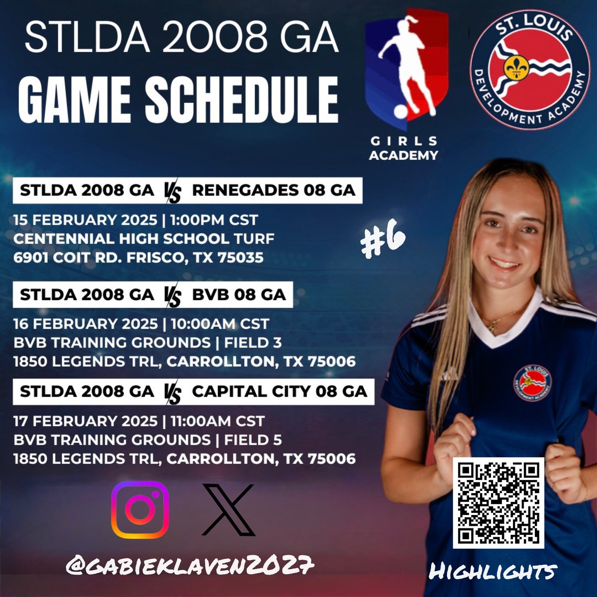 Gabie Klaven (@gabieklaven2027) on Twitter photo Headed out to Dallas for the final weekend of <a href="/GAcademyLeague/">Girls Academy</a> conference games for the season. Ready to finish strong! <a href="/08Academy/">STLDA 2008 GA</a> <a href="/STLDASoccer/">StLouisDAsoccer</a> <a href="/ImYouthSoccer/">ECNL/GA/Recruiting/College Soccer</a> Headed out to Dallas for the final weekend of <a href="/GAcademyLeague/">Girls Academy</a> conference games for the season. Ready to finish strong! <a href="/08Academy/">STLDA 2008 GA</a> <a href="/STLDASoccer/">StLouisDAsoccer</a> <a href="/ImYouthSoccer/">ECNL/GA/Recruiting/College Soccer</a>