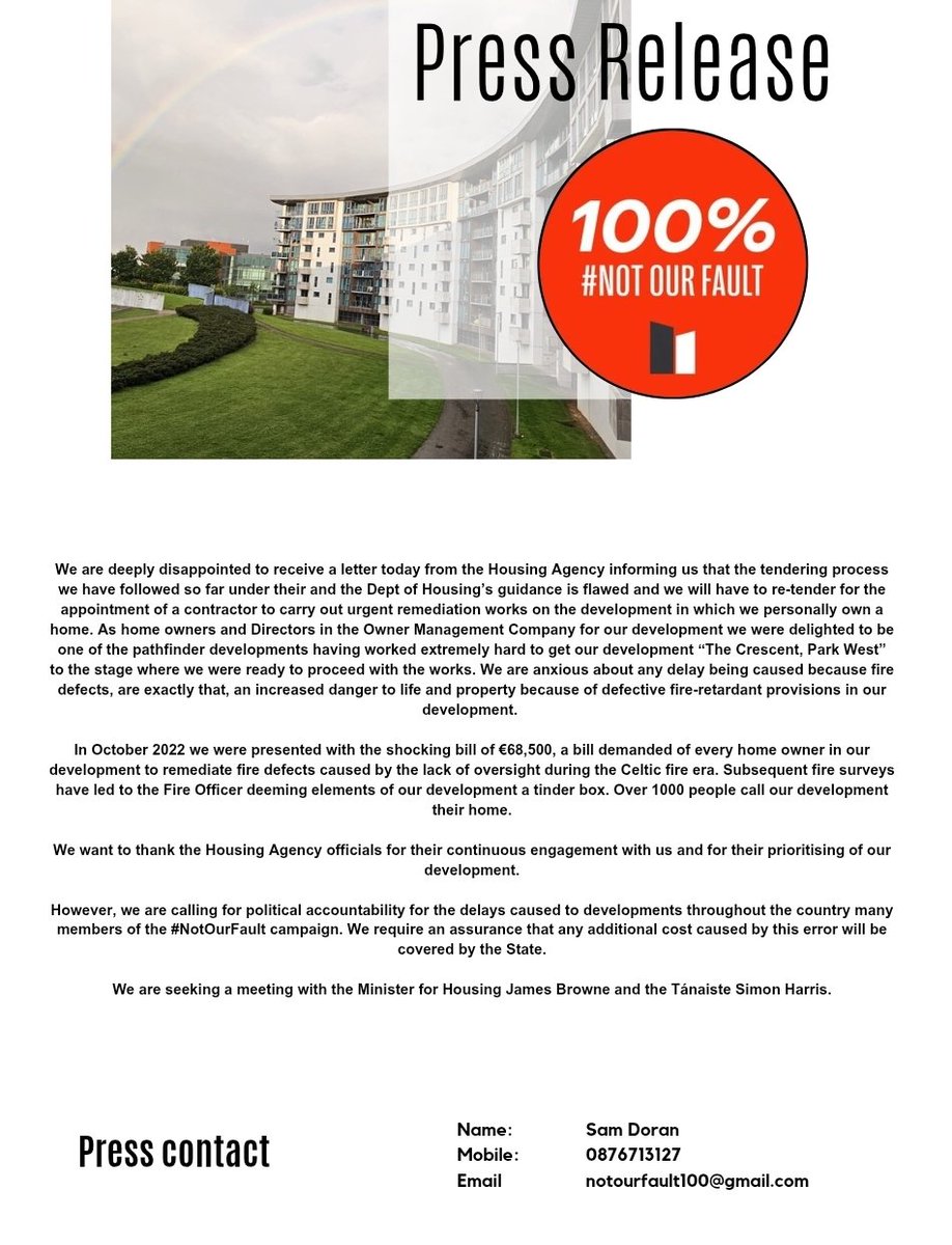 NotOurFault100's tweet image. Hopefully this delay doesn't lead to a tragedy in one of the affected buildings #fire defects @rtenews @VirginMediaNews @IrishTimes @Independent_ie @dublinpeople @TheEchoOnline @DublinGazette @fiannafailparty @FineGael
Read our statement below ⬇️
housingagency.ie/news-events/st…