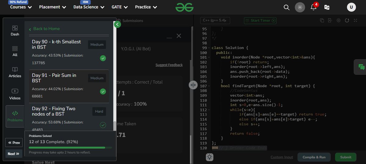 UdayIge's tweet image. #GfG160: 160 days of problem-solving! 🚀

✅ Day 91: Pair Sum in BST done.

#geekstreakchallenge
#geekstreak2024 #gfg160

@geeksforgeeks