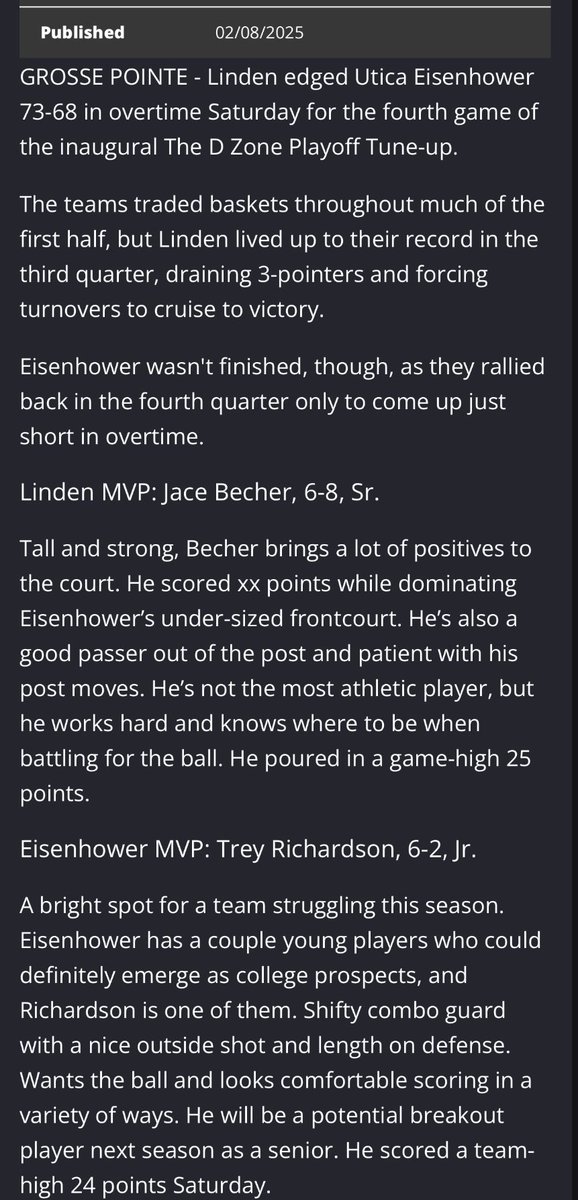 Trey Richardson (@_treyrichardson) on Twitter photo We had a great time competing in the <a href="/TheDZoneBBall/">The D Zone Basketball</a> this past weekend and I finished with 24 points. We fell short to Linden in OT 73-68 but got better. Thank you for the write-up! <a href="/TheDZoneBBall/">The D Zone Basketball</a> <a href="/HankampScott/">Scott Hankamp</a> <a href="/KevinMoses38/">Kevin Moses LLC</a> <a href="/jgilbertsport/">Jonathon Gilbert</a> <a href="/coach_lumbo/">Coach Lumbo</a> <a href="/IABClub/">Eisenhower Athletic Booster Club</a> We had a great time competing in the <a href="/TheDZoneBBall/">The D Zone Basketball</a> this past weekend and I finished with 24 points. We fell short to Linden in OT 73-68 but got better. Thank you for the write-up! <a href="/TheDZoneBBall/">The D Zone Basketball</a> <a href="/HankampScott/">Scott Hankamp</a> <a href="/KevinMoses38/">Kevin Moses LLC</a> <a href="/jgilbertsport/">Jonathon Gilbert</a> <a href="/coach_lumbo/">Coach Lumbo</a> <a href="/IABClub/">Eisenhower Athletic Booster Club</a>