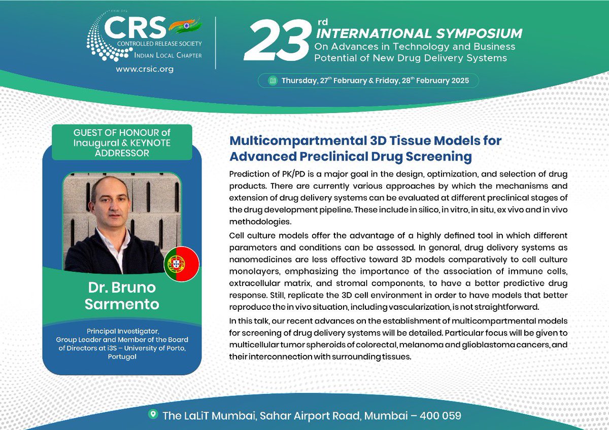 Vandana Patravale (@vandanapatrava3) on Twitter photo 🌟 CRS IC 2025 – Featuring Global Leaders in Drug Delivery Innovation!🌟
We are privileged to welcome Dr.Bruno Sarmento, Principal Investigator & Group Leader at i3S – University of Porto, Portugal as the ‘Guest of Honour & Keynote Speaker’
<a href="/CRSScience/">Controlled Release Society</a> <a href="/CrsIndian/">CRS Indian Chapter</a> 🌟 CRS IC 2025 – Featuring Global Leaders in Drug Delivery Innovation!🌟
We are privileged to welcome Dr.Bruno Sarmento, Principal Investigator & Group Leader at i3S – University of Porto, Portugal as the ‘Guest of Honour & Keynote Speaker’
<a href="/CRSScience/">Controlled Release Society</a> <a href="/CrsIndian/">CRS Indian Chapter</a>