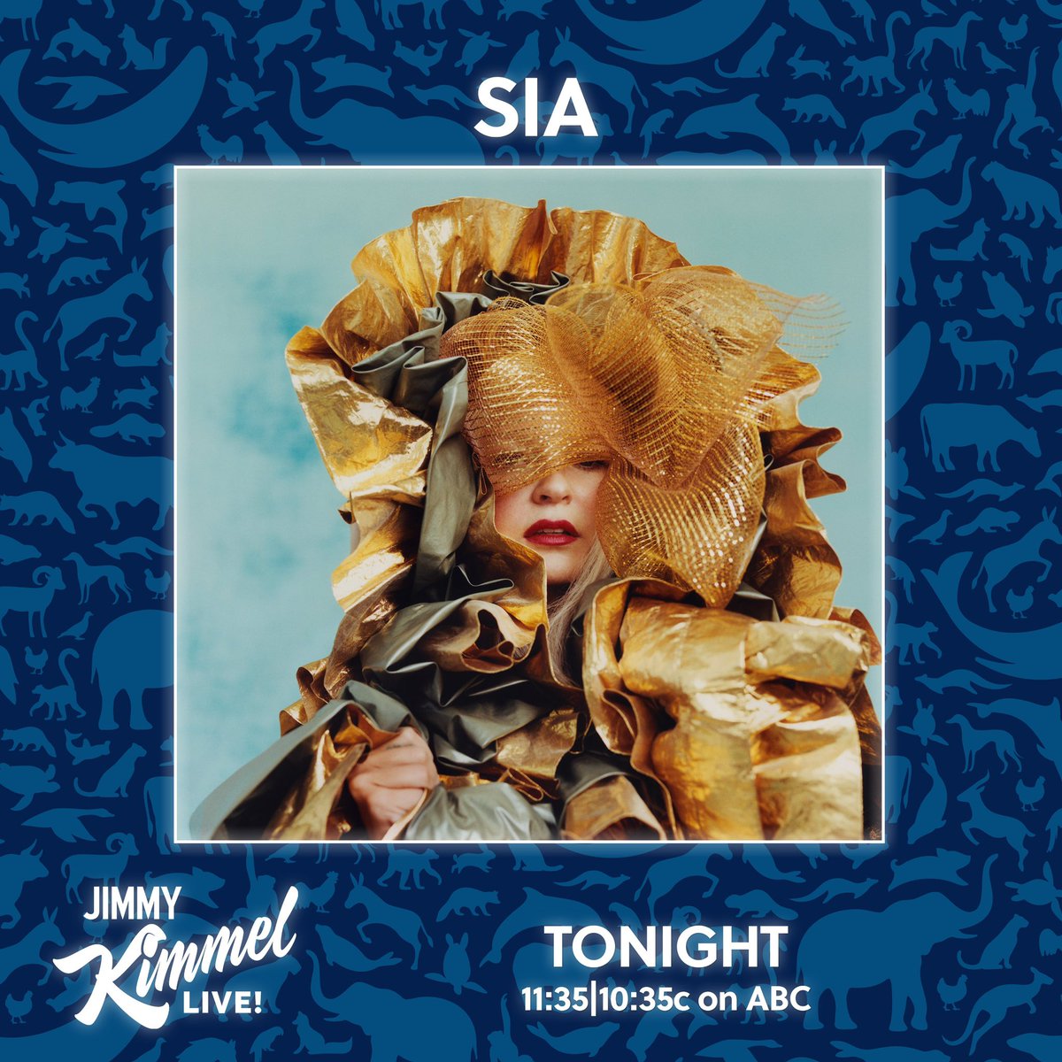 🚨 | <a href="/Sia/">sia</a> will be on Jimmy Kimmel Live TONIGHT performing her new cover of Peter Gabriel’s “Solsbury Hill”! 

— Live from 23:35 ET / 04:35 GMT 🎤