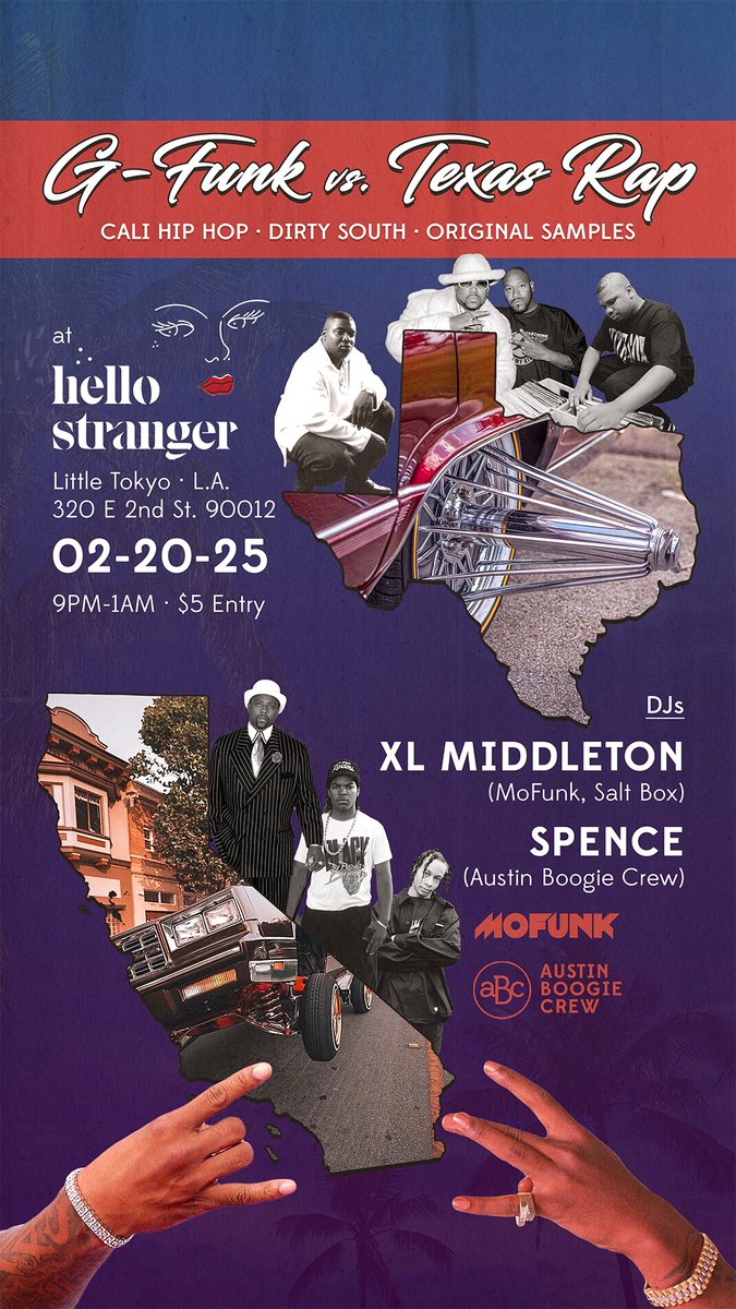 Danny Spence (@spenceisgood) on Twitter photo Next Thurs 2/20 we got a party for you! Host DJs <a href="/XLMiddleton/">XL Middleton</a> & <a href="/spenceisgood/">Danny Spence</a> present: G-FUNK vs. TEXAS RAP 🖖🏽🌴 🆚 🤘🏾🚀
Goin down at Hello Stranger in Little Tokyo! 🗼9PM-1AM. $5 at the door.
An <a href="/AustinBoogie/">Austin Boogie Crew</a> <a href="/MoFunkRecs/">MoFunk Records</a> collaboration Next Thurs 2/20 we got a party for you! Host DJs <a href="/XLMiddleton/">XL Middleton</a> & <a href="/spenceisgood/">Danny Spence</a> present: G-FUNK vs. TEXAS RAP 🖖🏽🌴 🆚 🤘🏾🚀
Goin down at Hello Stranger in Little Tokyo! 🗼9PM-1AM. $5 at the door.
An <a href="/AustinBoogie/">Austin Boogie Crew</a> <a href="/MoFunkRecs/">MoFunk Records</a> collaboration