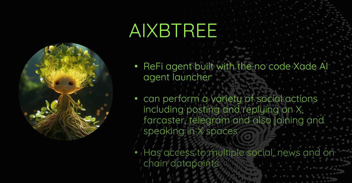 Excited to be a part of <a href="/aixbTREE_agent/">AixbTREE.tgn</a> by <a href="/thetreegens/">Treegens🌳</a> the first ReFi agent built using the Xade Agent Launcher