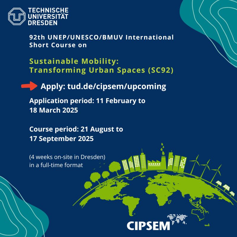 opportunitiesfy's tweet photo. π 92nd UNEP/UNESCO/BMUV Short Course on Sustainable Mobility (SC92) π΄ββοΈ Gain insights & tools to tackle #urbanmobility challenges & build thriving cities!
π
21 Aug β 17 Sep 2025 | π Dresden, Germany
π Apply by 18 Mar: https://t.co/IrhJlJgtOB
#CIPSEM #TUDRESDEN #UNEP #UNESCO https://t.co/iQHUkTMMyt