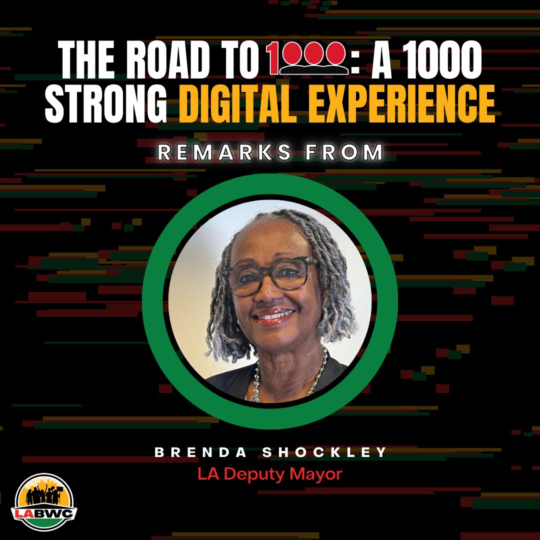 BlackWkrCenter's tweet photo. 🚨 TONIGHT!

Join us for The Road to 1000: A 1000 Strong Digital Experience at 6:30 PM on Zoom!

We'll have opening remarks from Sen. @Lola_Smallwood  &amp; a special appearance from LA Deputy Mayor Brenda Shockley!

Click the link below to register.

https://t.co/13JciJFrLF https://t.co/Sz1sSUZjlq