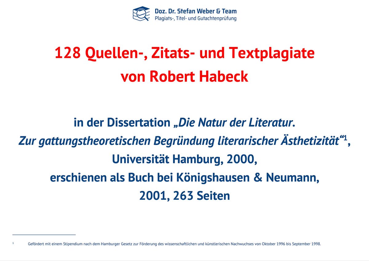 Im Gegensatz zu etablierten Medien: <a href="/FWarweg/">Florian Warweg</a> <a href="/NachDenkSeiten/">NachDenkSeiten</a> zeigt Relevanz Quellen-/Zitate-Plagiate  <a href="/roberthabeck/">Robert Habeck</a> im Gutachten von Stefan Weber <a href="/SprachPhilo/">„Plagiatsjäger“</a> plagiatsgutachten.com/blog/quellenpl… und ungeprüfte Verbreitung falscher Rechtfertigungen von Habeck in “Leitmedien” ohne #Faktencheck