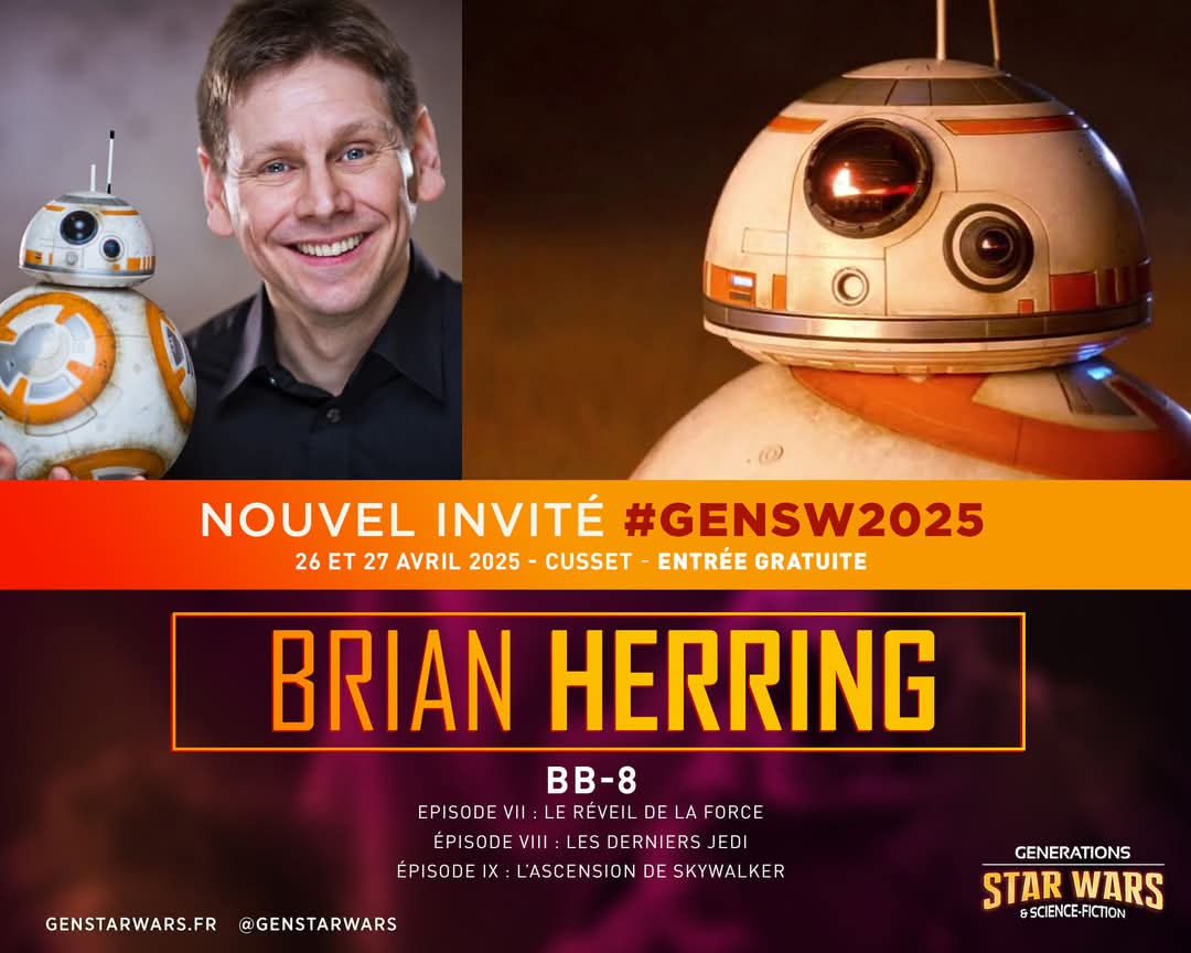 Galaxie Star Wars - #GalaxieSW (@galaxiestarwars) on Twitter photo BRIAN HERRING est le deuxième acteur invité de la convention <a href="/GenStarWars/">Gen Star Wars</a> 2025.
Marionnettiste reconnu du cinéma, il est notamment l'animateur principal du droïde BB-8.
RDV les 26 et 27 avril à <a href="/VilledeCusset/">VilledeCusset</a>
#GalaxieSW #StarWars BRIAN HERRING est le deuxième acteur invité de la convention <a href="/GenStarWars/">Gen Star Wars</a> 2025.
Marionnettiste reconnu du cinéma, il est notamment l'animateur principal du droïde BB-8.
RDV les 26 et 27 avril à <a href="/VilledeCusset/">VilledeCusset</a>
#GalaxieSW #StarWars