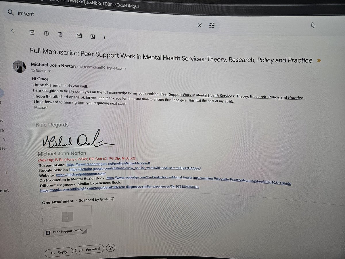 MichaelJohnNor1's tweet image. The day has finally come. My third book manuscript entitled: Peer Support Work in Mental Health Services: Theory, Research, Policy and Practice has finally been submitted !!!!
@MHER_Ire @michriann @routledgemh @GraceMcDEditor @MaryButlerTD @kerrymartha @DCU @atu_ie