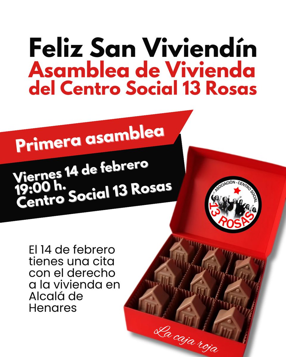 🏘 Este viernes 14 de febrero os esperamos en la primera reunión de la Asamblea de Vivienda del Centro Social 13 Rosas. Si tienes un problema de vivienda, acércate y lo abordaremos juntas. Si quieres participar en la lucha por el derecho a la vivienda, este es también tu espacio.