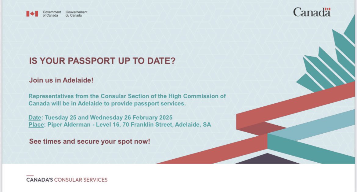 canadadownunder's tweet image. 📢🇨🇦Attention Canadians in Adelaide!🇨🇦📢

Representatives from the High Commission of Canada will be in Adelaide to provide passport services on February 25th &amp;amp; 26th, 2025. 

🗓️Secure your spot now: calendly.com/cnbracs/passpo…