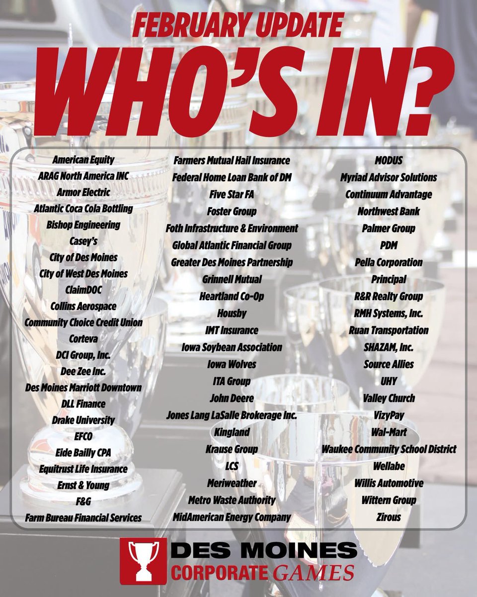 DM Corporate Games (@dmcorpgames) on Twitter photo Nearly 70 companies are ready to BRING THE HEAT in just a couple months as they compete against the areas best! 🔥🏆
With just over 2 weeks remaining until registration close, now is the time to get registered! 🔜
<a href="/DSMpartnership/">DSMpartnership</a> <a href="/DesMoinesGov/">City of Des Moines</a> <a href="/WDMCHAMBER/">West Des Moines Chamber of Commerce</a> <a href="/cityofjohnston/">City of Johnston, IA (Official)</a> Nearly 70 companies are ready to BRING THE HEAT in just a couple months as they compete against the areas best! 🔥🏆
With just over 2 weeks remaining until registration close, now is the time to get registered! 🔜
<a href="/DSMpartnership/">DSMpartnership</a> <a href="/DesMoinesGov/">City of Des Moines</a> <a href="/WDMCHAMBER/">West Des Moines Chamber of Commerce</a> <a href="/cityofjohnston/">City of Johnston, IA (Official)</a>