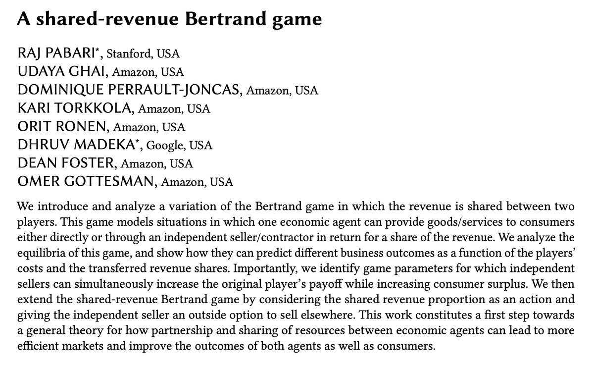 1/ I'm excited to share a project I worked on at Amazon where we introduce "A shared-revenue Bertrand game" -- a variant of the Bertrand duopoly in which the firms' payoffs are coupled, generating novel Nash equilibria that capture real-world revenue-sharing dynamics.