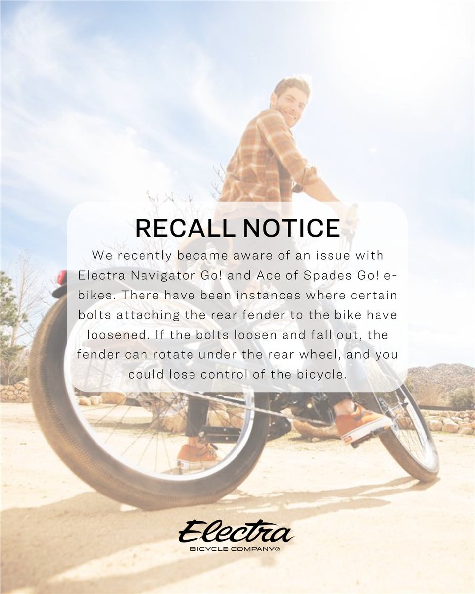 Don’t worry, we’re here to help. To see if your Navigator Go! or Ace of Spades Go! is affected, give us a call at 1-800-373-4594, visit your local Trek or Electra retailer, or click the link below. electrabike.com/recall