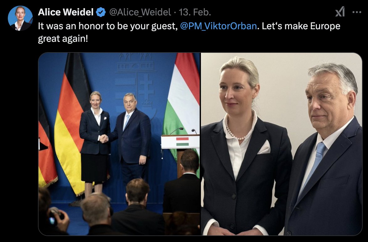 Make Europe Great Again (MEGA) ist natürlich einigermaßen funny, weil Viktor Orbans Lebenstraum es ist, die EU zu zerstören. Aber MEGAAWGIMD (Make Europe Great Again And With Great I Mean Dead) ist halt auch nicht so knackig.