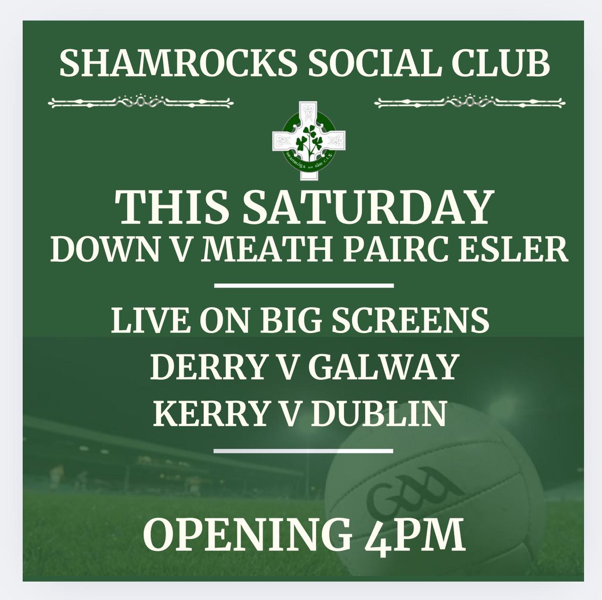 For anyone going to the <a href="/officialdowngaa/">Official Down GAA</a> v <a href="/MeathGAA/">Meath GAA</a> the <a href="/ShamrocksNewry/">Newry Shamrocks GAA</a> social club will be open from 4pm. Come join us for live sport, delightful drinks, bita warmth and a whole lot of craic.
Be rude not to join us