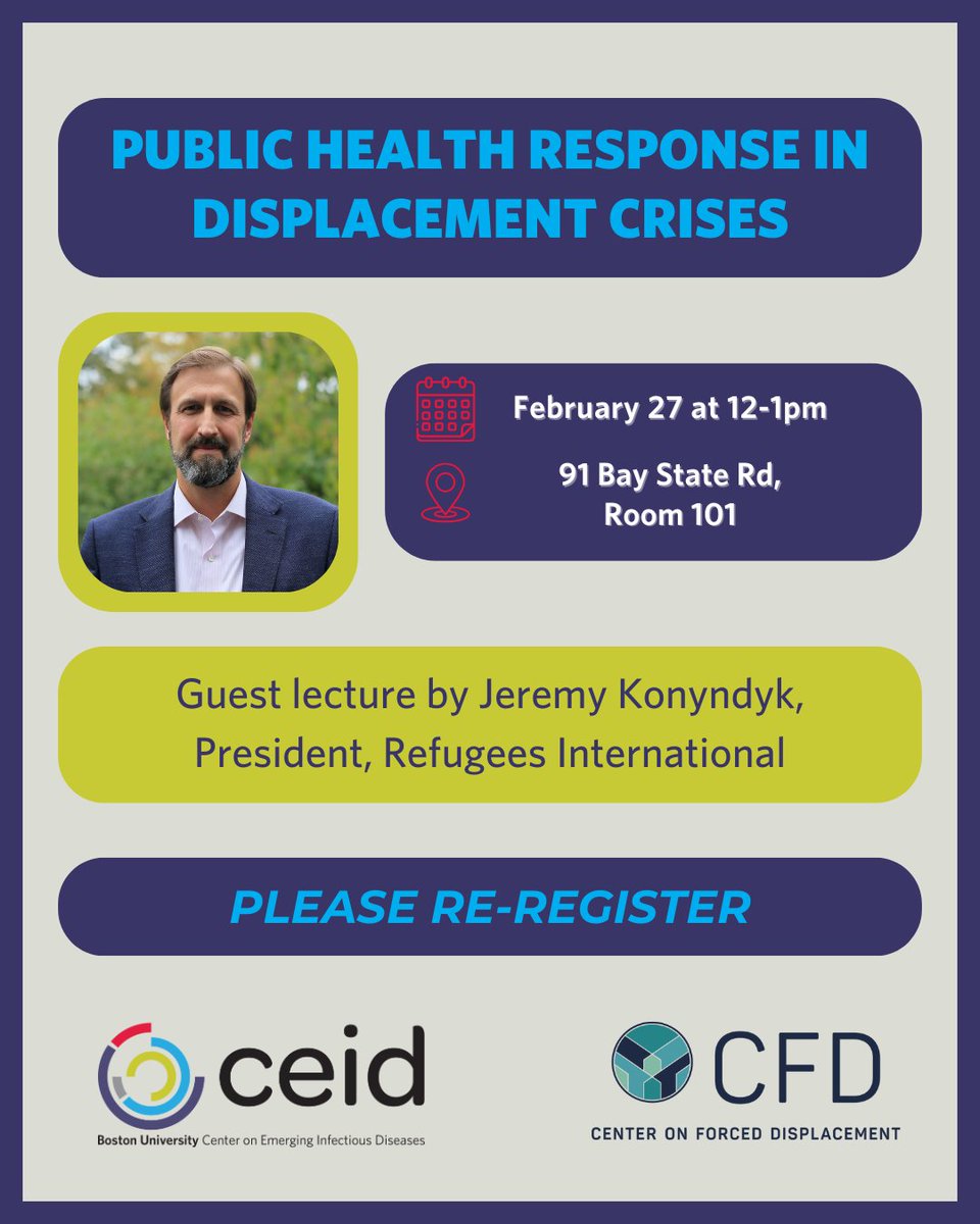 cfd_center's tweet image. CFD and CEID are excited to announce that &quot;Public Health Response in Displacement Crises&quot; has been rescheduled for February 27th at 12pm. The event will now be held at 91 Bay State Road room 101. 

Please re-register for this event here: eventbrite.com/e/public-healt…