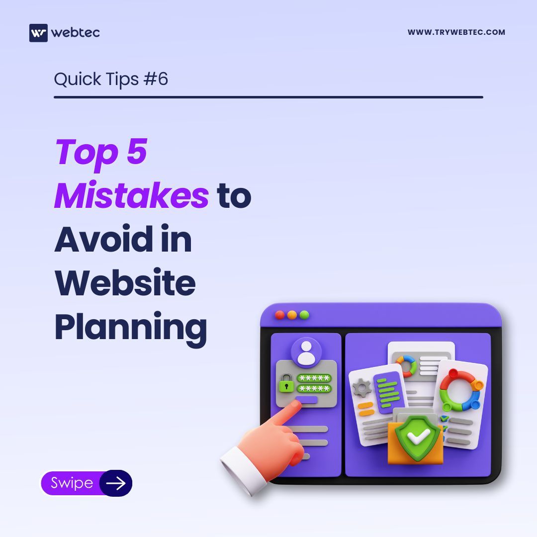 Webtecwebagency's tweet image. Quick Tips #6: 🚫 Avoid these top 5 mistakes in website planning to ensure a smooth launch and seamless user experience! 🔑 Planning ahead saves time and headaches later. 💡

#WebDesignTips #WebsitePlanning #UXDesign #WebDesignMistakes #Webtec