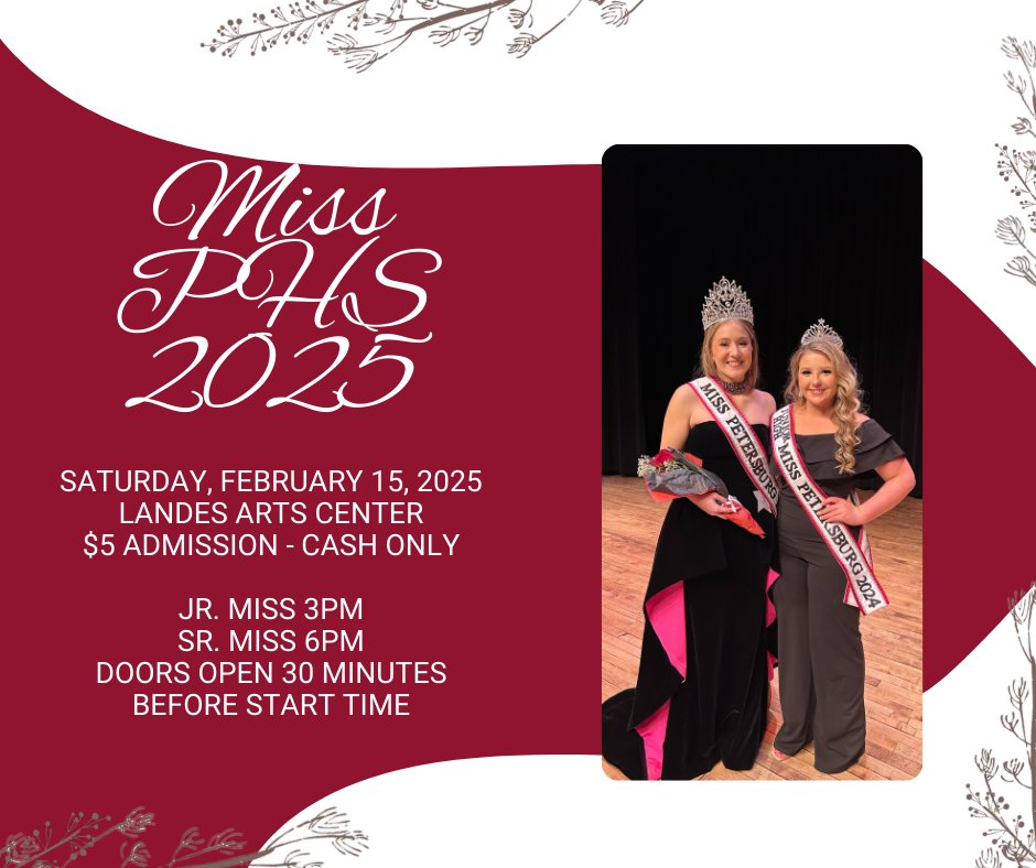 Just a reminder that the Miss PHS Pageant is this Saturday at 3:00 pm for Jr. Miss and 6:00 pm for Sr. Miss. Admission is $5 and will be cash only! We hope to see you there!