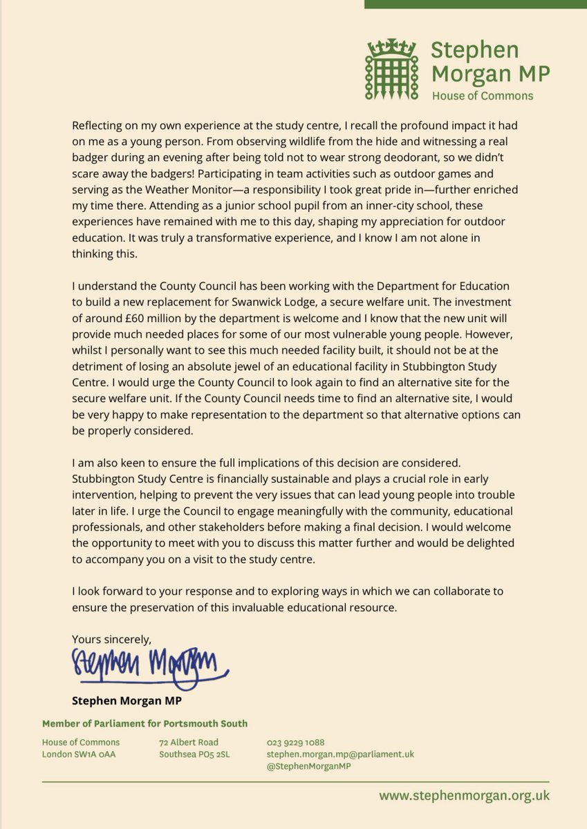Thousands of children in Portsmouth and across Hampshire have experienced the magic of Stubbington Study Centre. 

Yet the future of this community asset is now in doubt due to a proposal before Hampshire County Council. 

I’ve written to the council to save the centre👇🏻