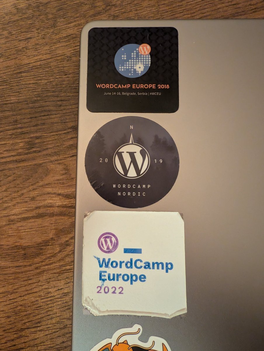 The deterioration of different official #wordcamp stickers.
(Disclaimer: I work from home since 2019 so the laptop rarely goes up/down a bag)