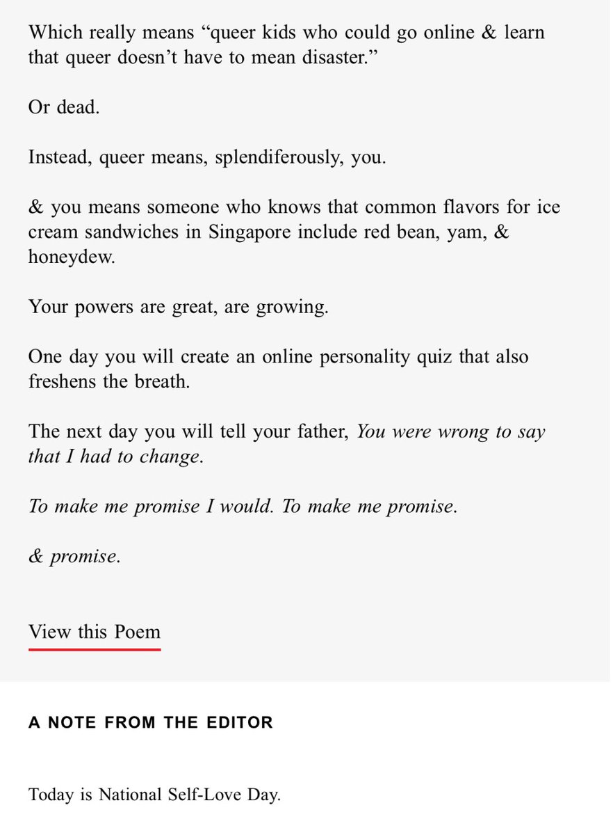 my poem, “Summer,” first published in <a href="/poetrymagazine/">POETRY magazine</a> in 2021 is Poem of the Day <a href="/PoetryFound/">Poetry Foundation</a>—in celebration of National Self-Love Day, which i guess is a thing lol. my thanks to the editor. &amp; to jigglypuff 💖