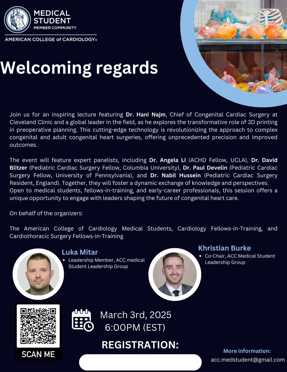 Luka.Mitar (@lukamitar2) on Twitter photo Join us on March 3rd, 2025, at 6 PM (EST) for a game-changing session on 3D Printing in Congenital & Pediatric Heart Surgery!
Featuring Dr.<a href="/Dr_HaniNajm/">DR. Hani Najm</a> + an expert panel of top surgeons!
🔗 Register now: events.teams.microsoft.com/event/0db51aec…
<a href="/ACCinTouch/">American College of Cardiology</a> #ACCmedstudent #ACCFit #ACCSurgeon Join us on March 3rd, 2025, at 6 PM (EST) for a game-changing session on 3D Printing in Congenital & Pediatric Heart Surgery!
Featuring Dr.<a href="/Dr_HaniNajm/">DR. Hani Najm</a> + an expert panel of top surgeons!
🔗 Register now: events.teams.microsoft.com/event/0db51aec…
<a href="/ACCinTouch/">American College of Cardiology</a> #ACCmedstudent #ACCFit #ACCSurgeon