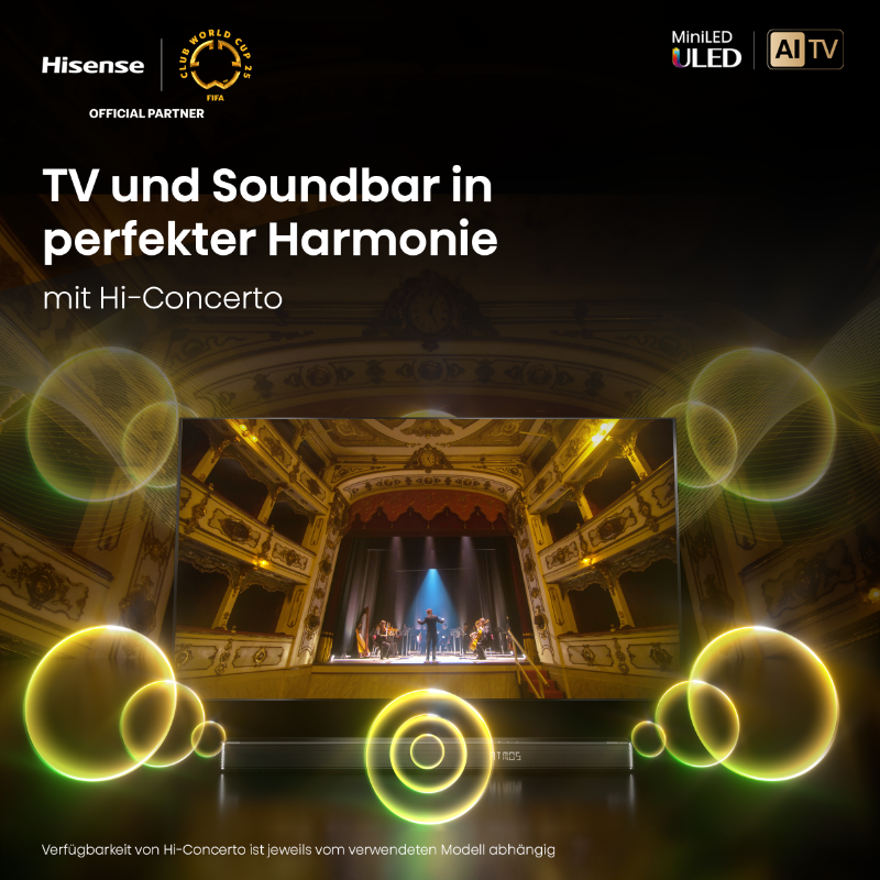 Mehr Gänsehaut, mehr Wumms, mehr mittendrin – #HiConcerto bringt deinen #HisenseTV und deine #HisenseSoundbar in perfekte Harmonie. 🎶 Beide Geräte arbeiten perfekt zusammen und katapulitieren deinen #Sound auf ein neues Level. 🔊✨ #Technology #Qualität #Premium
