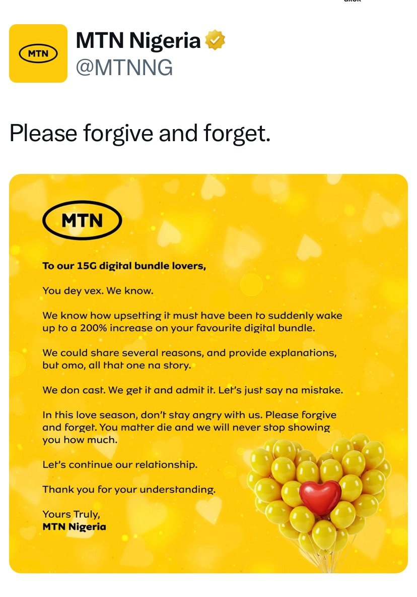 instablog9ja's tweet photo. MTN has written an apology letter to 15GB digital bundle lovers. https://t.co/og0KxPHxge